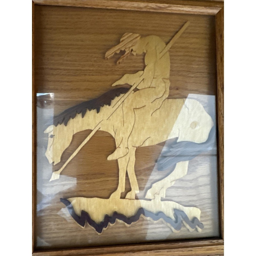 VTG Wood Inlay Marquetry Indian Horse Scene Framed Art Piece Wall Hanging 10x13